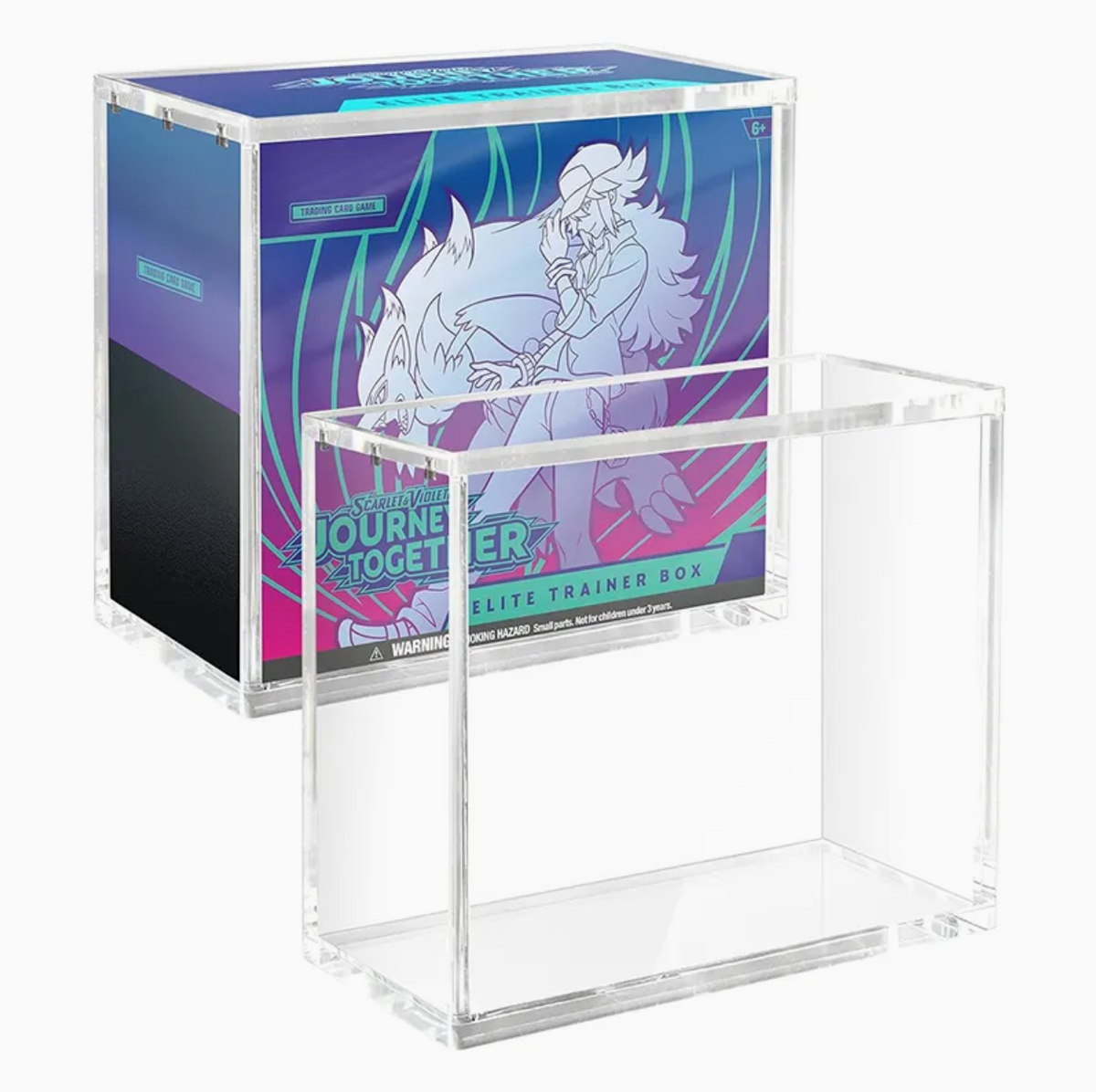 Open acrylic display case with a Pokémon Journey Together Elite Trainer Box shown for reference.