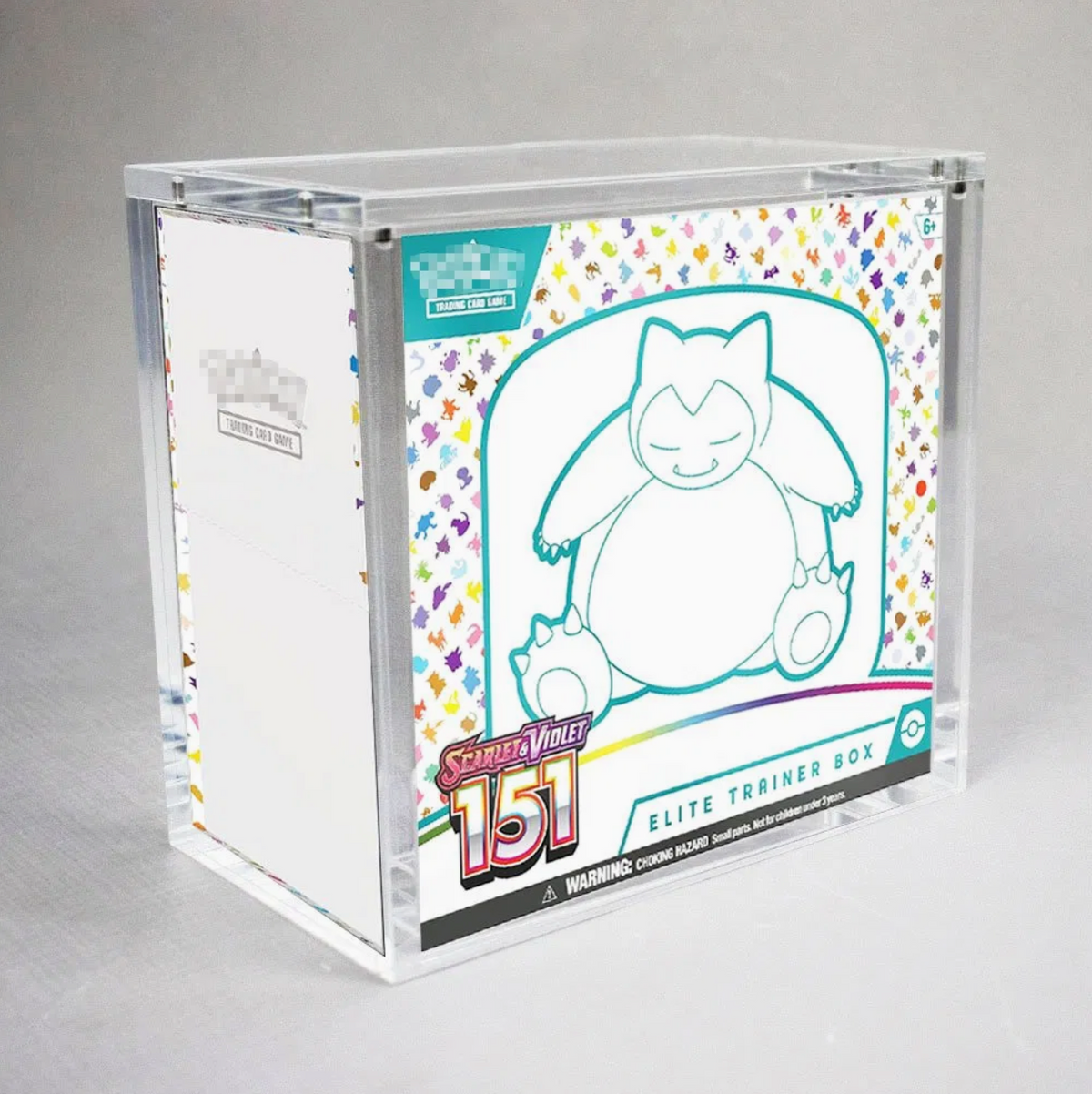 Clear acrylic display case with a Pokémon 151 Elite Trainer Box shown for reference.