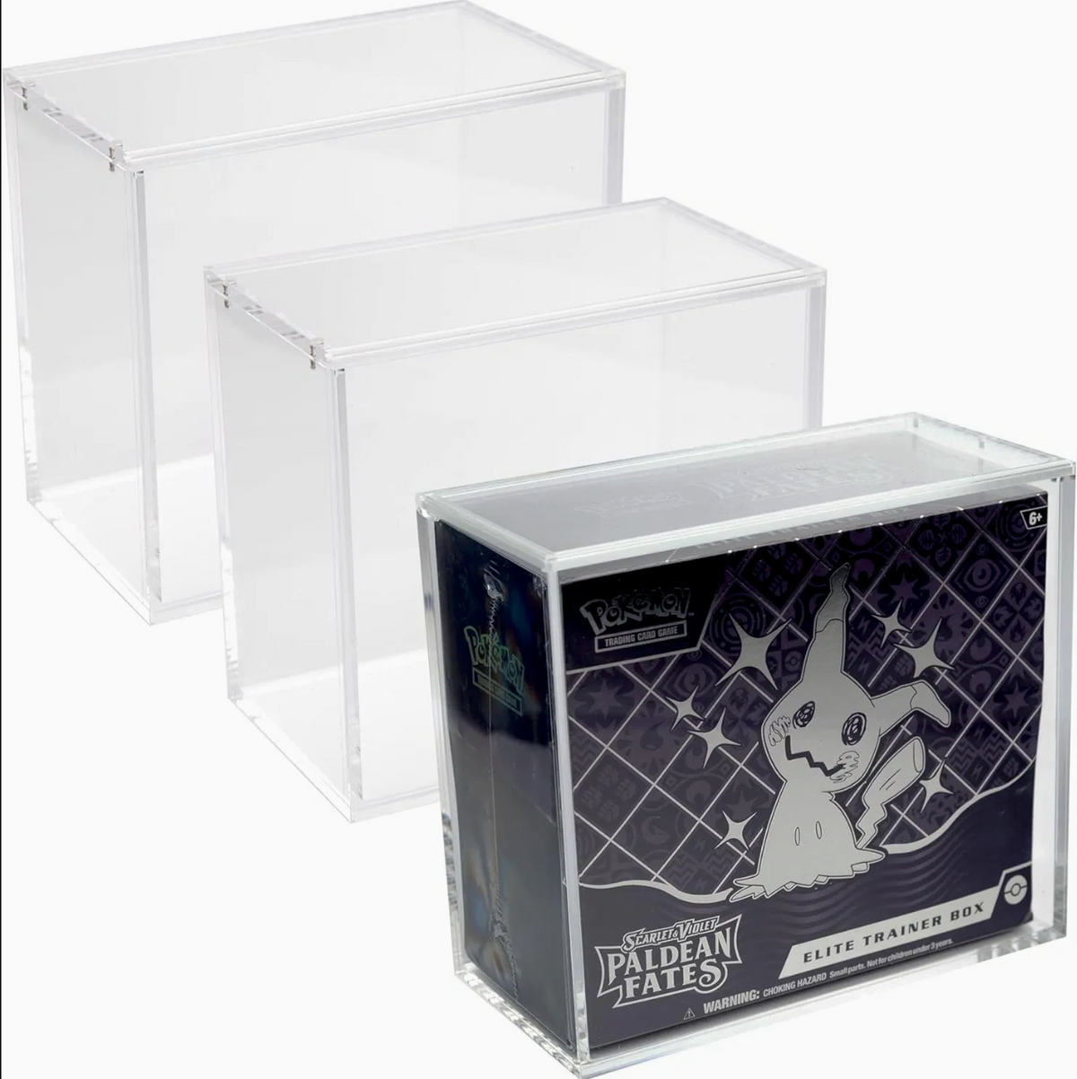 Acrylic Elite Trainer Box protectors with a Pokémon Paldean Fates box shown for reference.