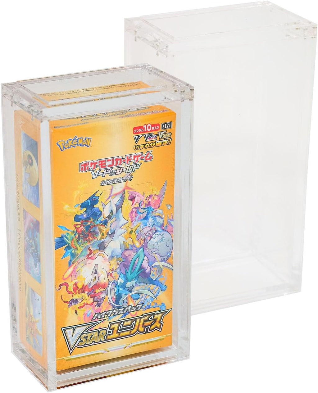 Acrylic display case with a small Japanese Pokémon VSTAR Universe booster box shown for reference.