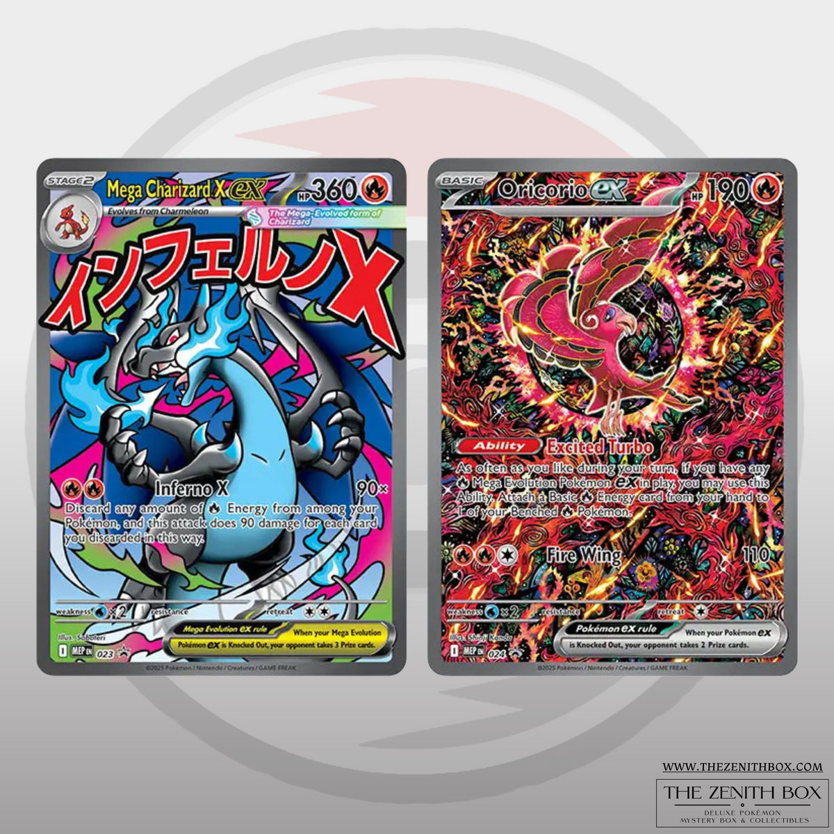 Mega Charizard X ex and Oricorio ex promo cards shown separately for reference.