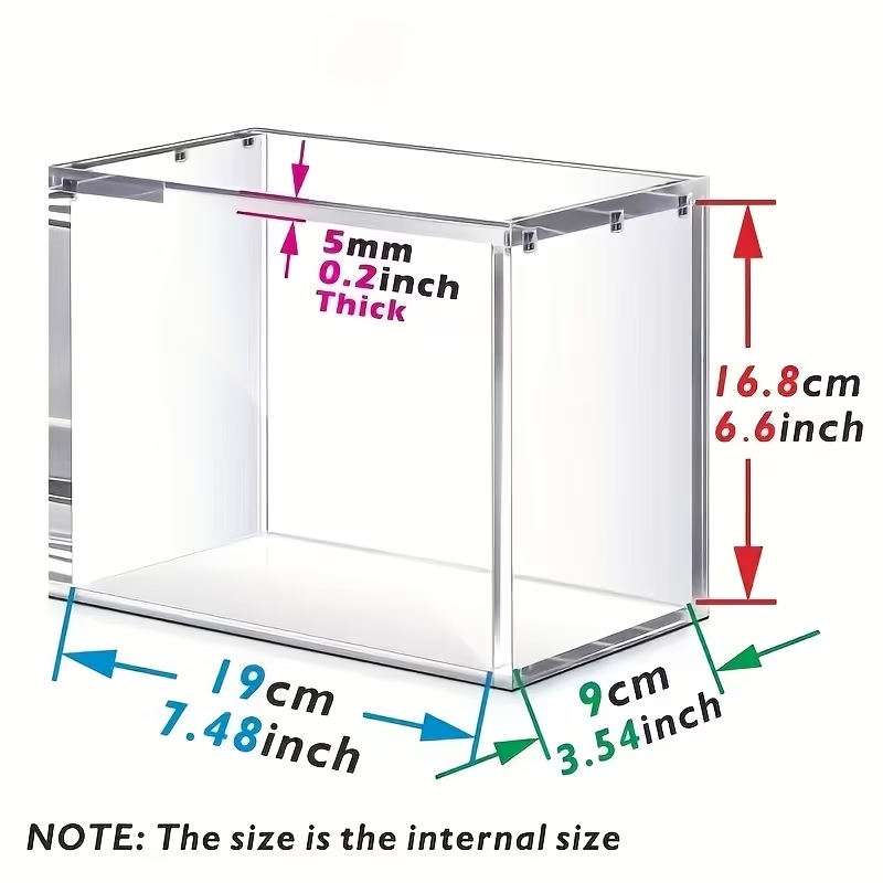 Magnetic acrylic ETB case, 19 × 9 × 16.8 cm internal dimensions and 5 mm walls