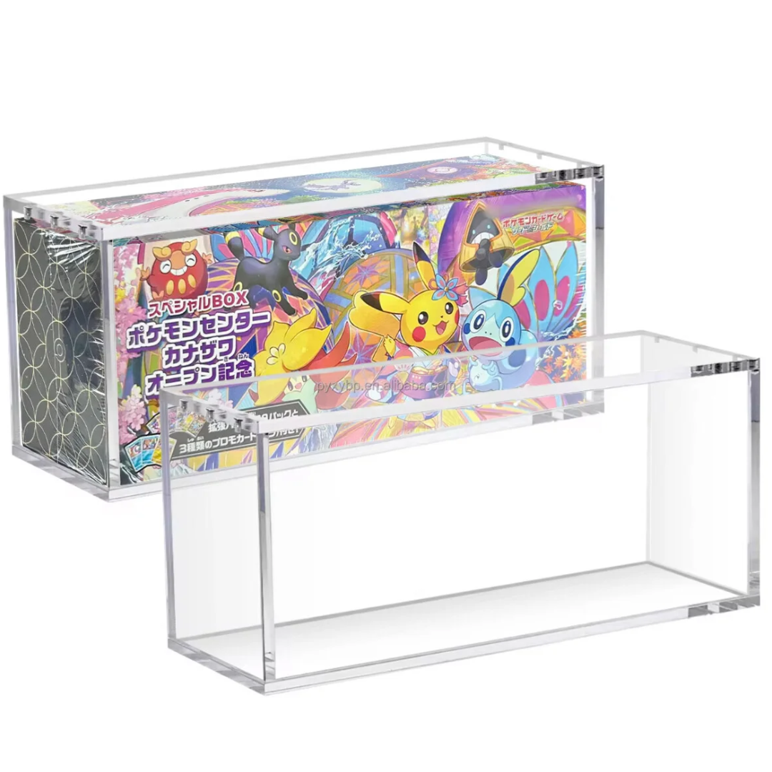 Additional supplier view of an empty acrylic display case and a boxed Pokémon product shown for reference.