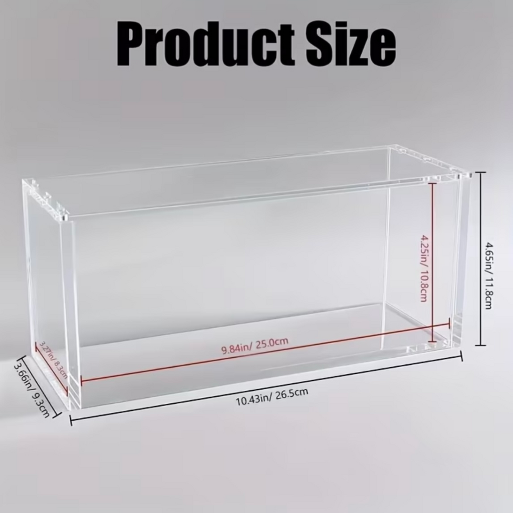 Acrylic case dimension diagram: 25 × 8.3 × 10.8 cm inside and 26.5 × 9.3 × 11.8 cm outside.