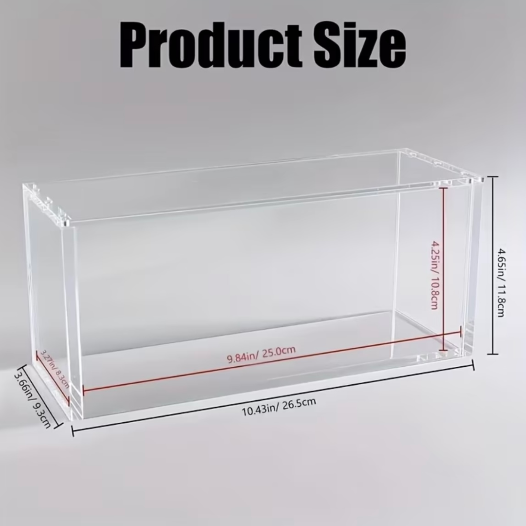 Acrylic case dimension diagram: 25 × 8.3 × 10.8 cm inside and 26.5 × 9.3 × 11.8 cm outside.