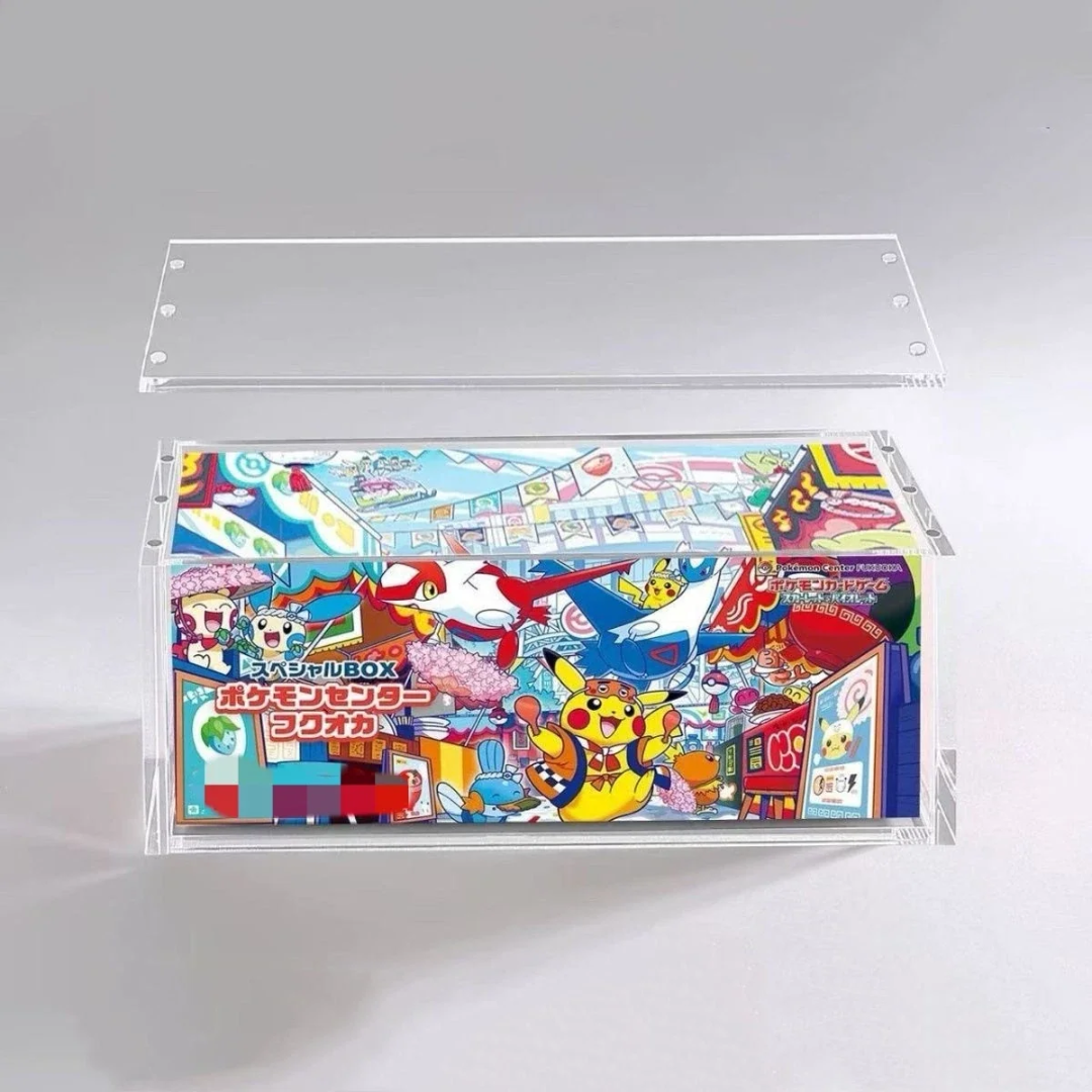 Acrylic display case with removable magnetic lid shown above the Pokémon Center Fukuoka Special Box.