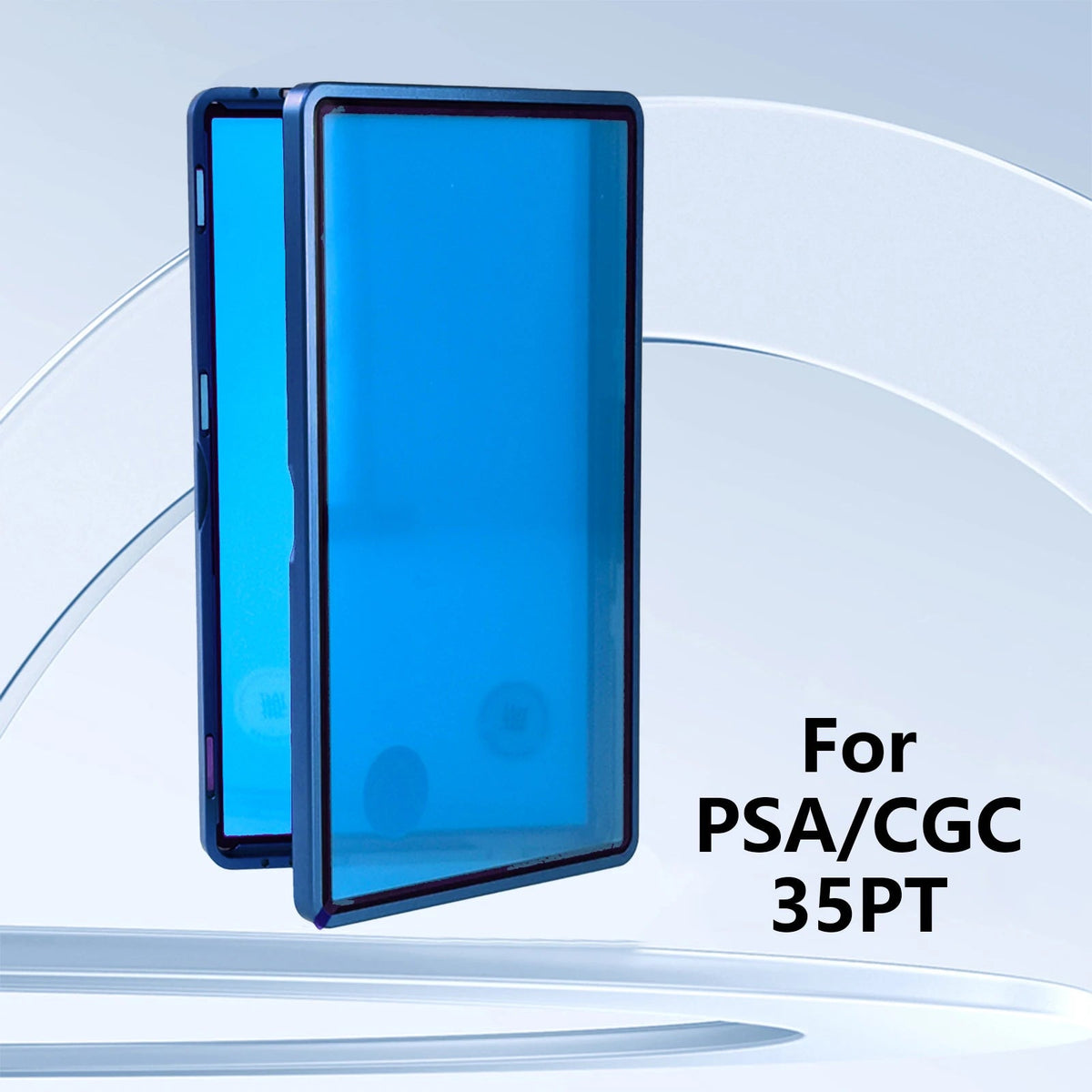 Blue aluminum PSA/CGC 35pt slab case; blue protective glass film shown