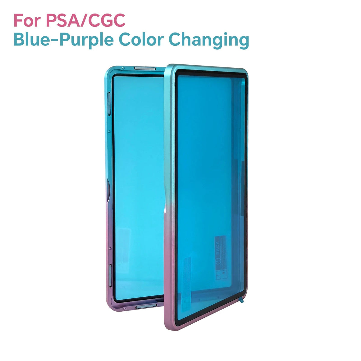 Purple and blue color-shifting aluminum PSA/CGC slab case; protective film shown