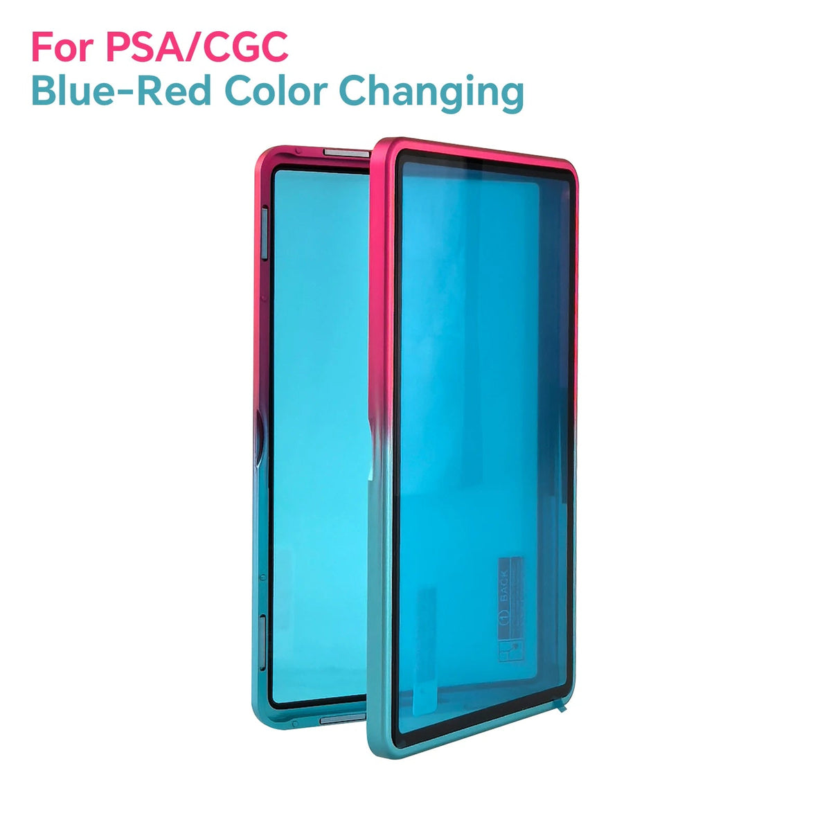 Red and blue color-shifting aluminum PSA/CGC slab case; protective film shown