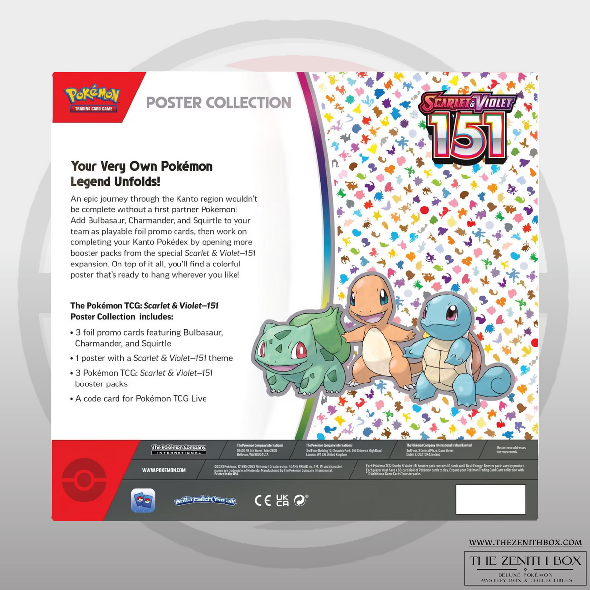 Back of the Pokémon TCG Scarlet & Violet 151 Poster Collection showing the included items.