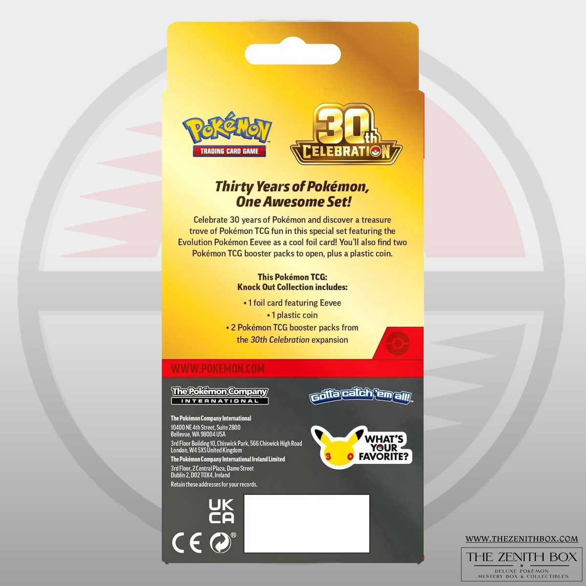 Back of the Pokémon TCG 30th Celebration Knock Out Collection showing the contents.