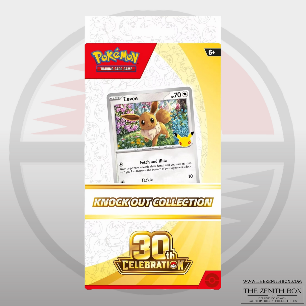 Pokémon TCG 30th Celebration Knock Out Collection with Eevee foil card, front view.