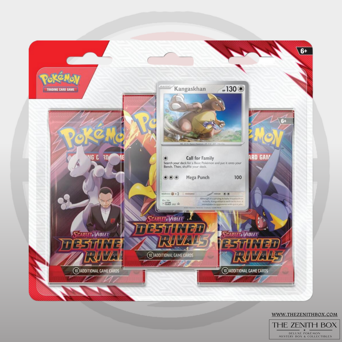 Pokémon TCG Destined Rivals English 3-Pack Blister with Kangaskhan promo.