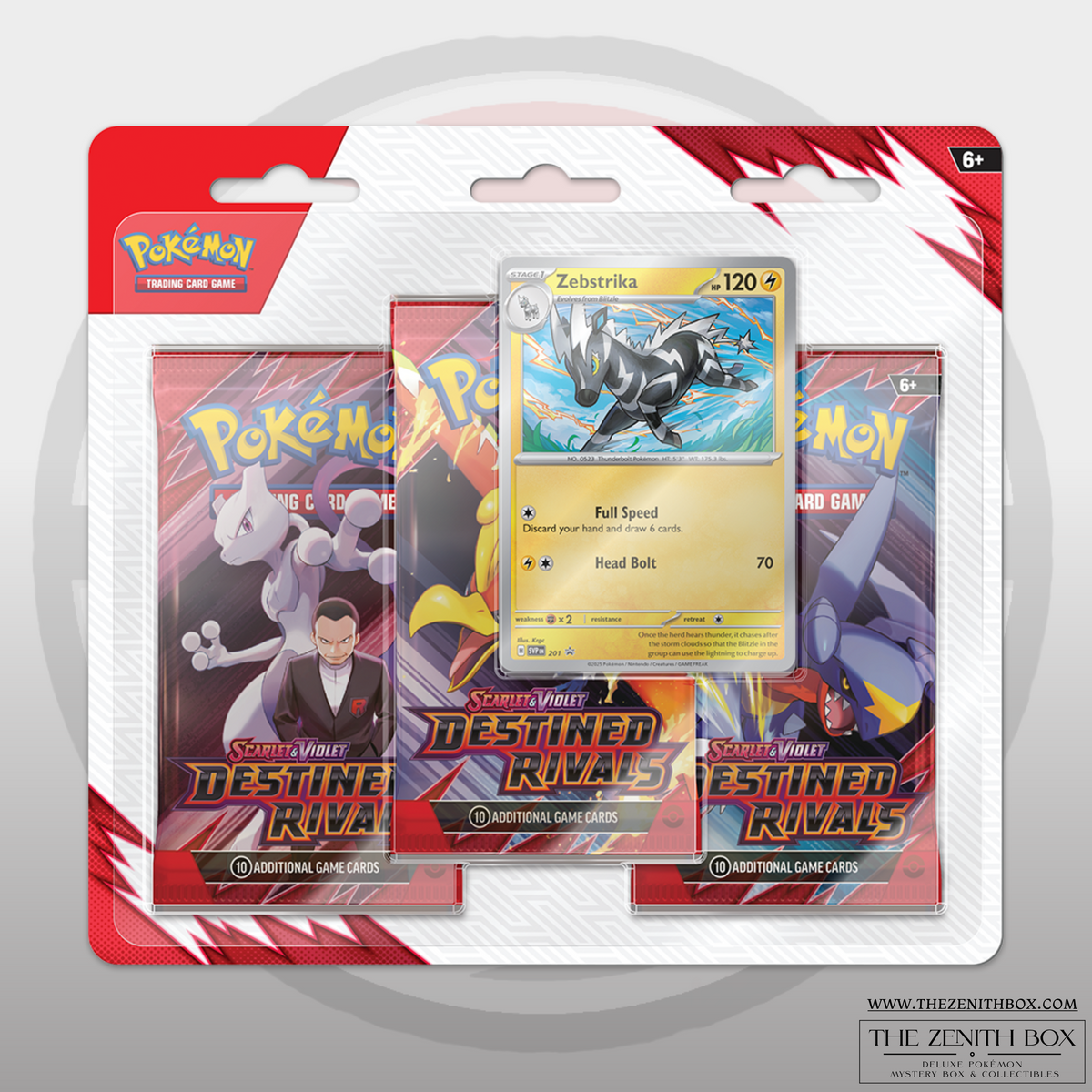 Pokémon TCG Destined Rivals English 3-Pack Blister with Zebstrika promo.