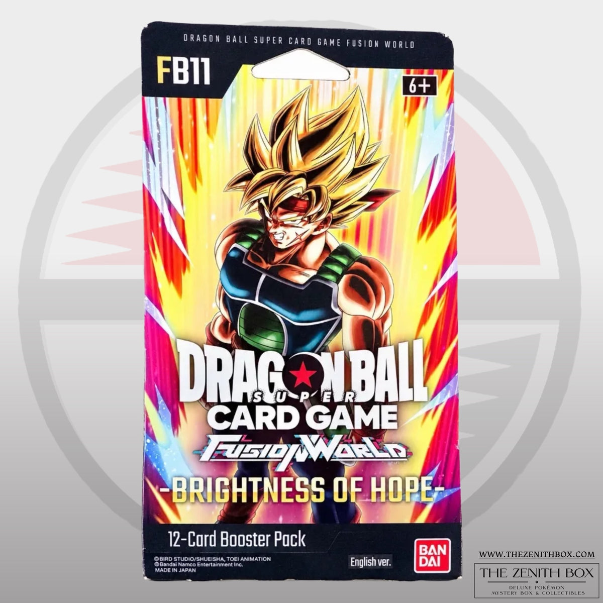 Dragon Ball Super Card Game Fusion World Brightness of Hope FB11 English sleeved booster pack containing 12 cards, on The Zenith Box product background.
