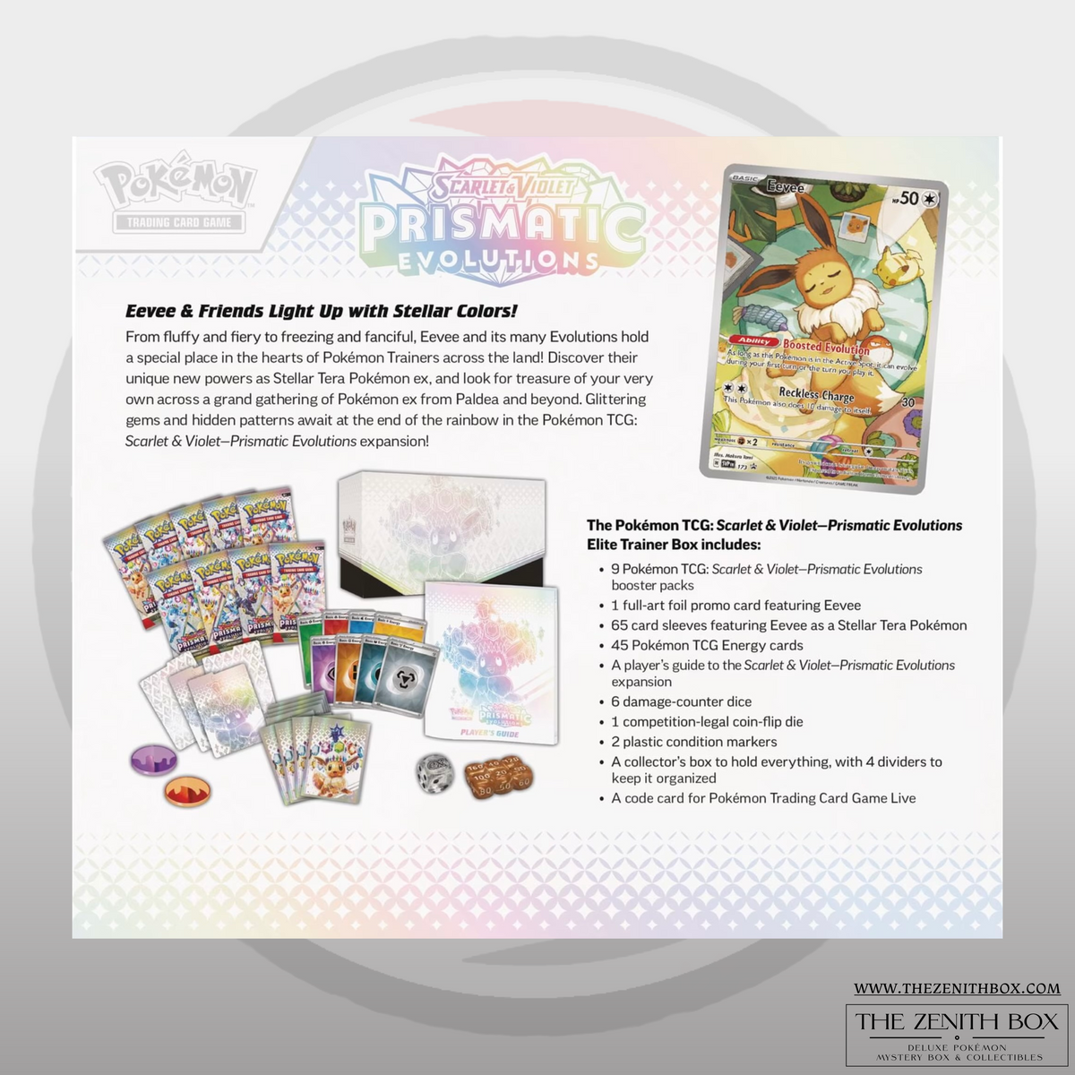 Back of the Pokémon TCG Prismatic Evolutions Elite Trainer Box showing the contents.