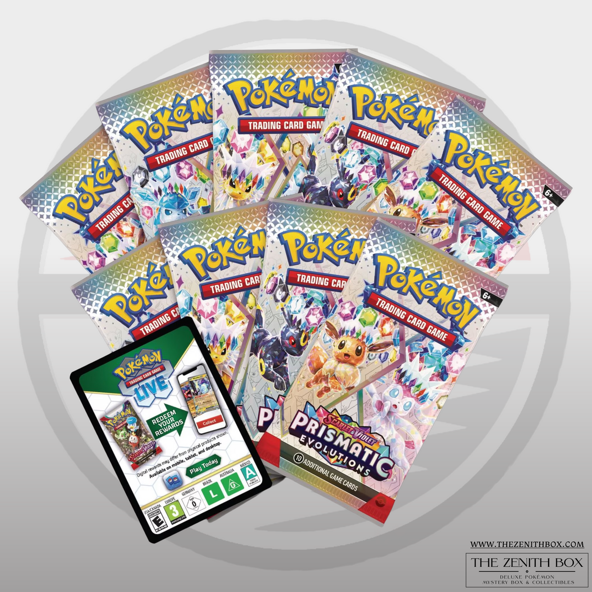 Prismatic Evolutions booster packs and code card shown as part of the Elite Trainer Box contents.