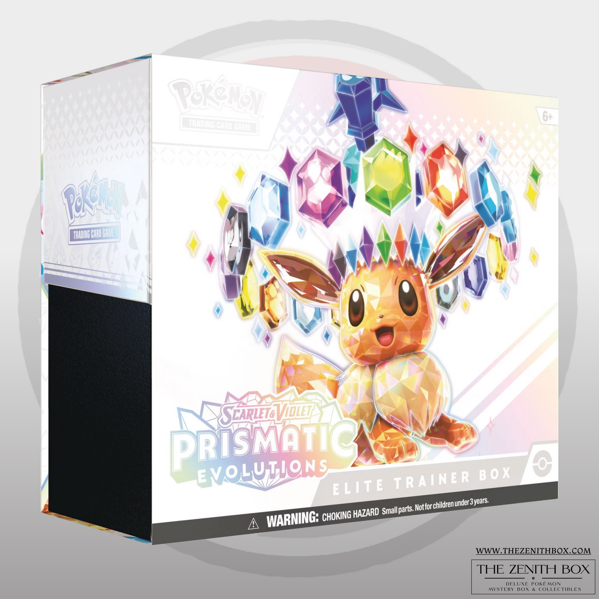 Pokémon TCG Prismatic Evolutions standard English Elite Trainer Box, front view.